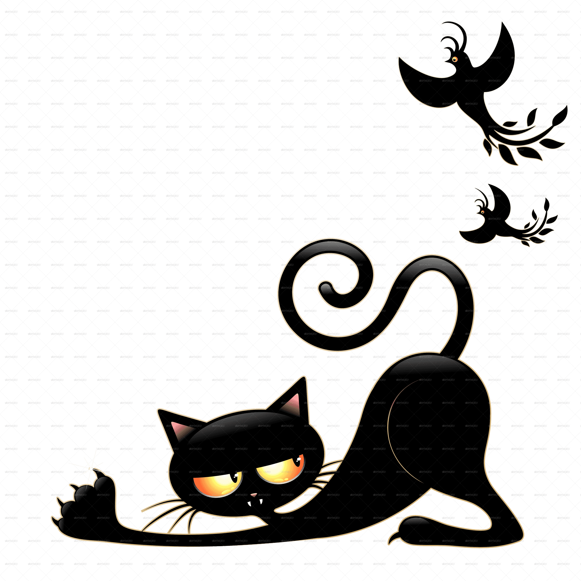 Sneaky Black Catand Birds PNG Image