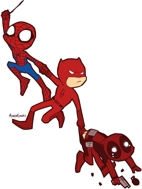 Spiderman Daredevil Deadpool Cartoon Crossover PNG Image