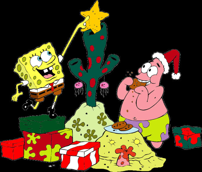 Sponge Bob Patrick Christmas Celebration PNG Image