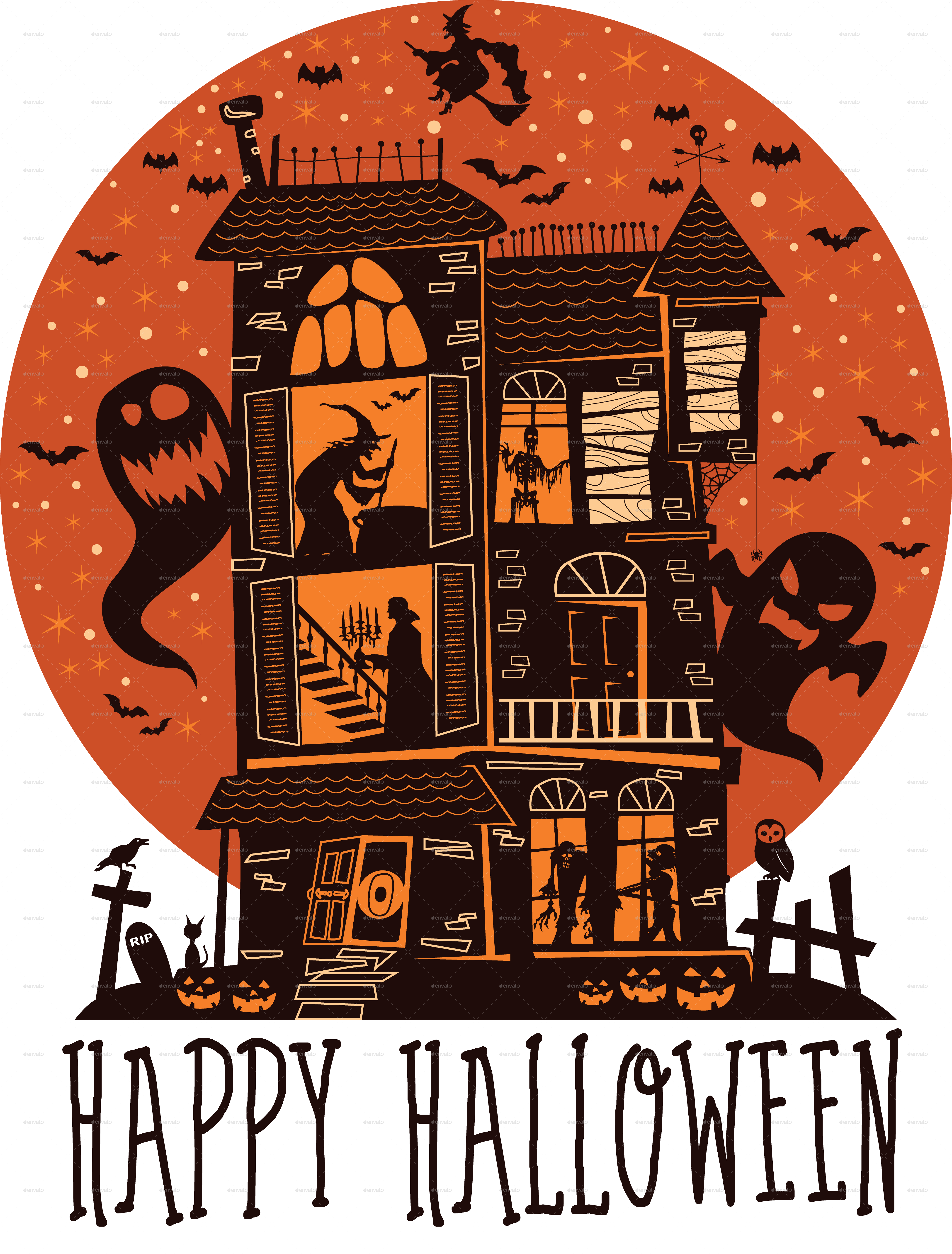 Spooky Halloween Haunted House Illustration PNG Image