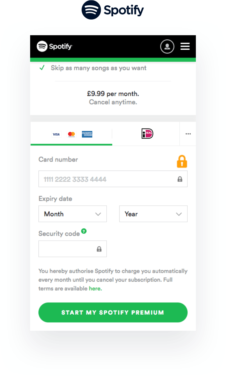 Spotify Premium Subscription Payment Interface PNG Image