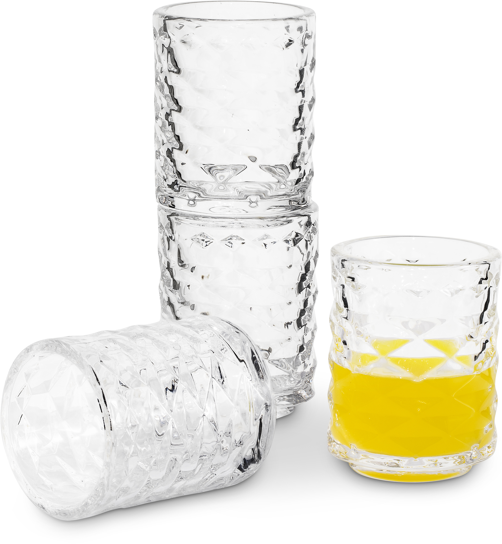 Stacked Crystal Glasses With Yellow Liquid PNG Image