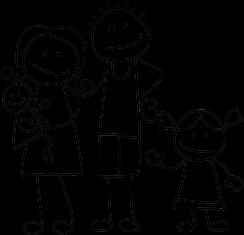 Stick Family Drawing Black Outline PNG Image