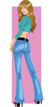 Stylish Cartoon Girlin Blue Jeans PNG Image