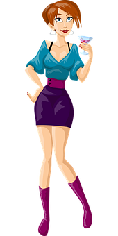 Stylish Cartoon Womanwith Cocktail PNG Image