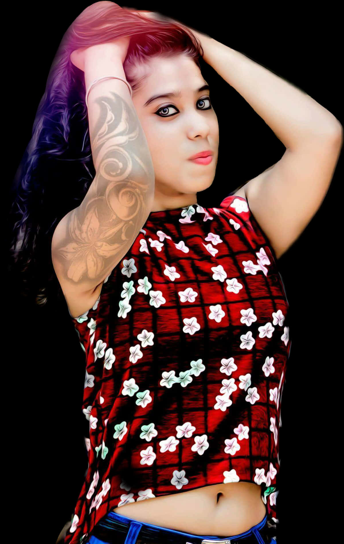 Stylish Girl Floral Top Tattoo PNG Image