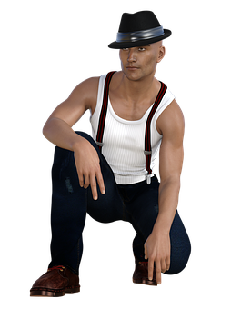 Stylish Manin Fedoraand Suspenders PNG Image