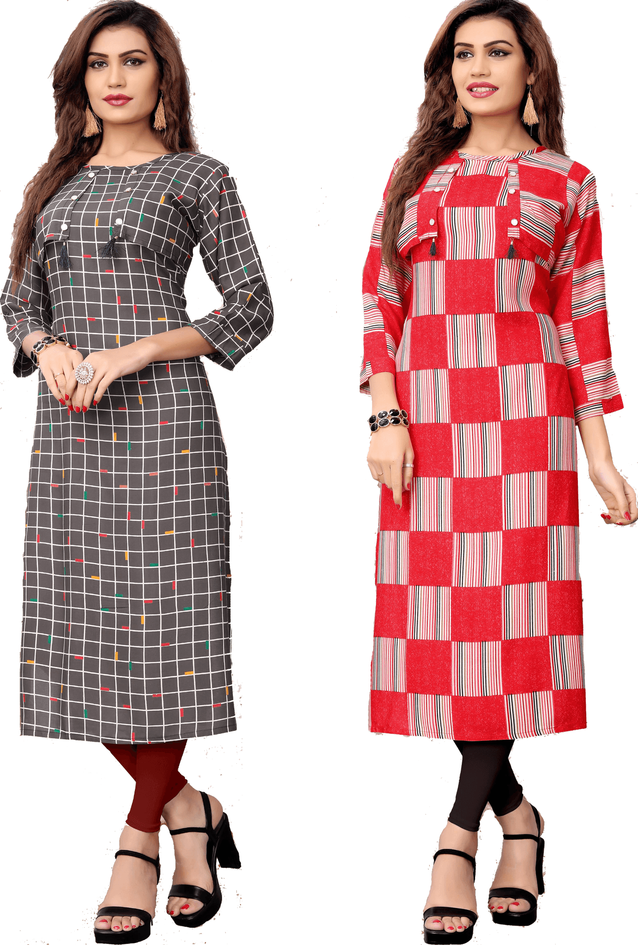 Stylish Womenin Plaid Kurtis PNG Image