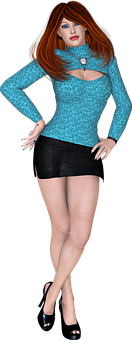 Stylish3 D Redheadin Blue Topand Black Skirt PNG Image