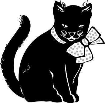 Stylized Black Catwith Polka Dot Bow PNG Image