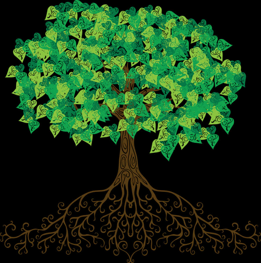 Stylized Treewith Elaborate Rootsand Green Leaves PNG Image