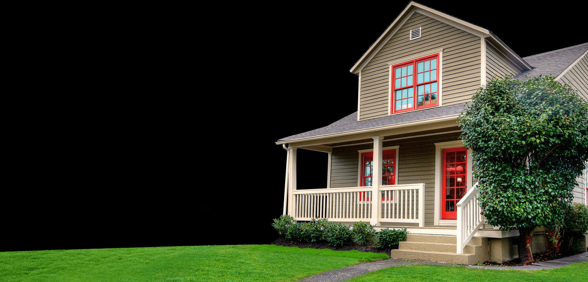 Suburban Home Exterior With Red Accents PNG Image