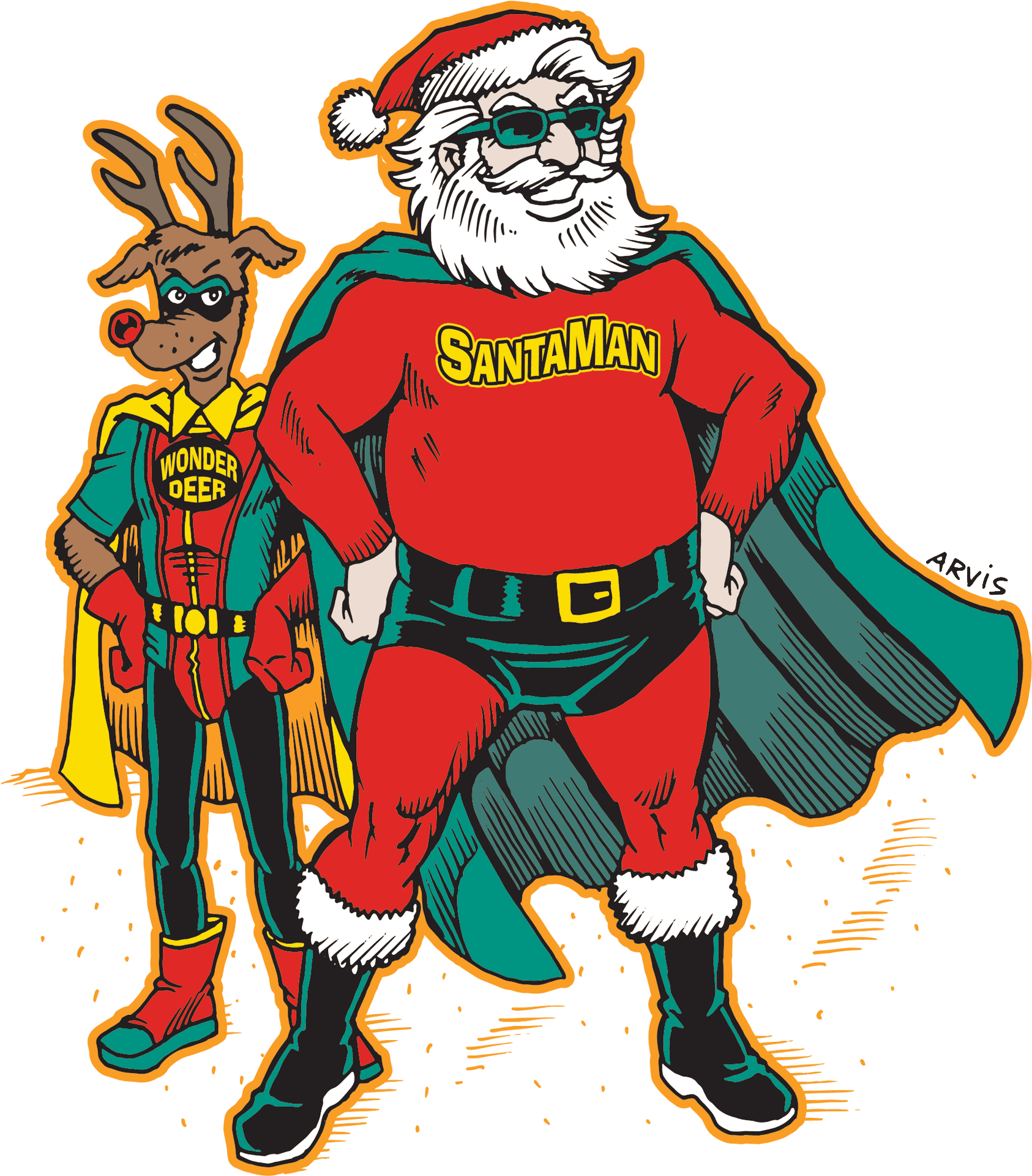 Superhero Santaand Sidekick Reindeer PNG Image