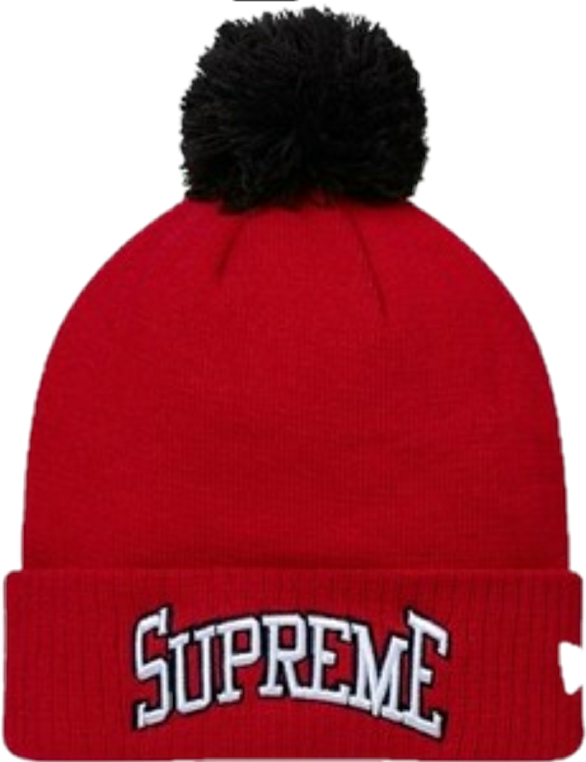 Supreme Branded Red Beanie With Pom PNG Image