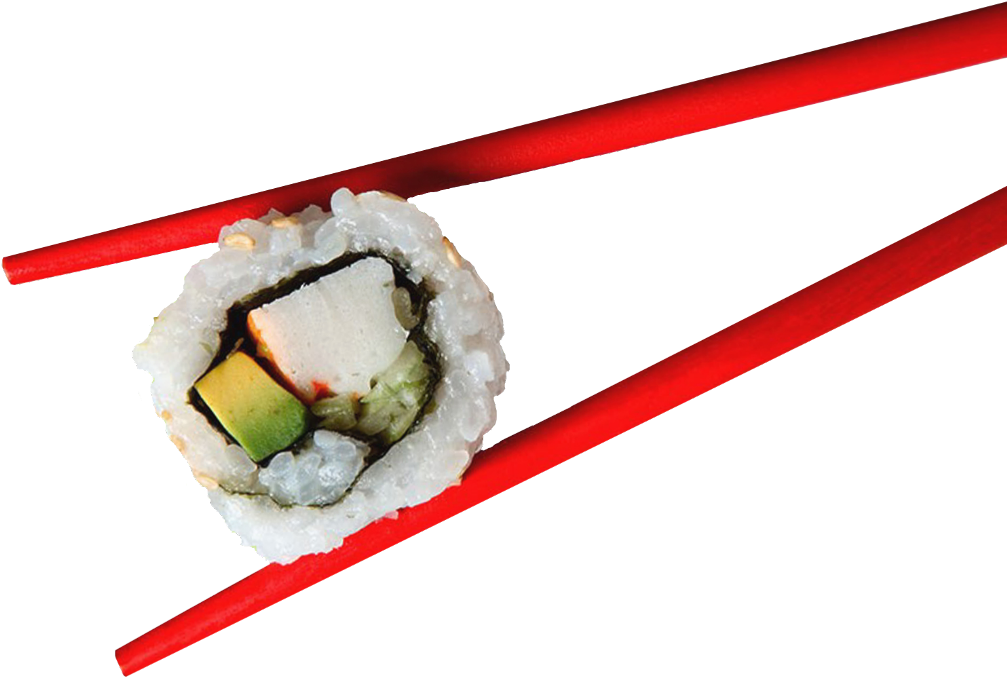 Sushi Roll Held With Red Chopsticks PNG Image