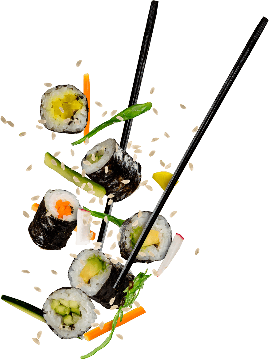 Suspended Sushi Pieceswith Chopsticks PNG Image