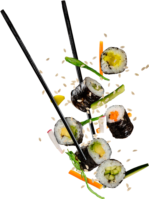 Suspended Sushi Pieceswith Chopsticks PNG Image