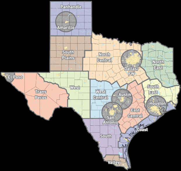 Texas_ Regions_ Map_with_ Major_ Cities PNG Image