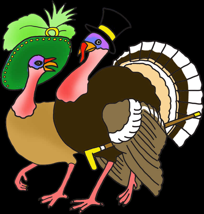 Thanksgiving Turkeysin Hats Cartoon PNG Image