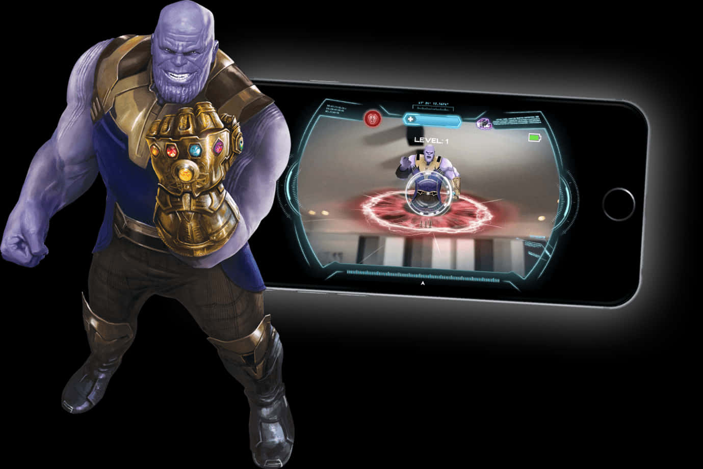 Thanos_with_ Infinity_ Gauntlet_and_ Smartphone_ Game PNG Image