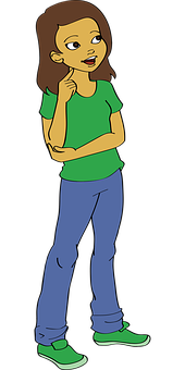 Thoughtful Cartoon Girlin Green Shirt PNG Image