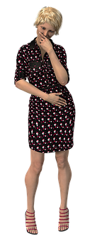 Thoughtful Womanin Patterned Dress PNG Image