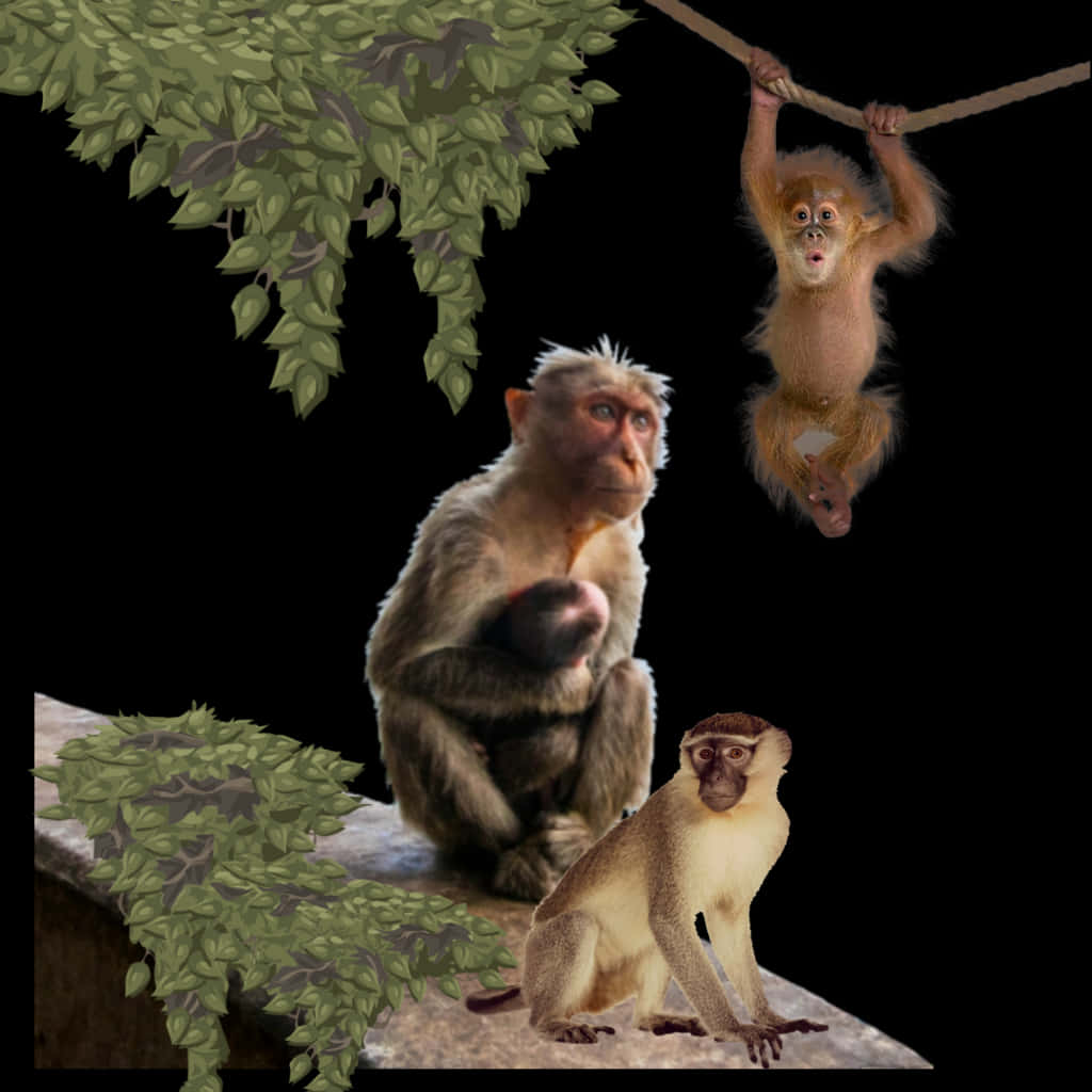 Three Monkeys Various Poses PNG Image