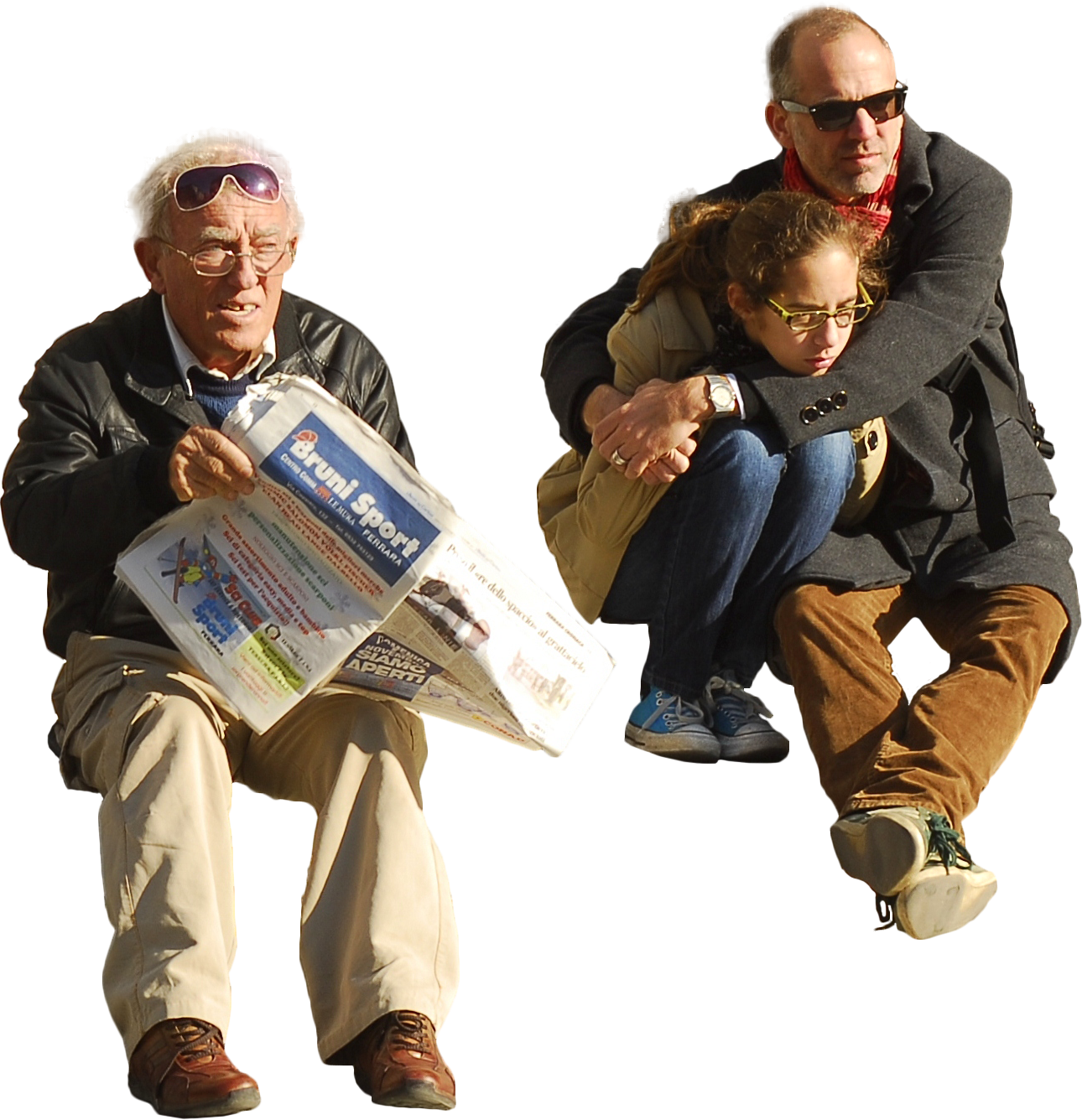 Three Person Reading Newspaperon Bench PNG Image