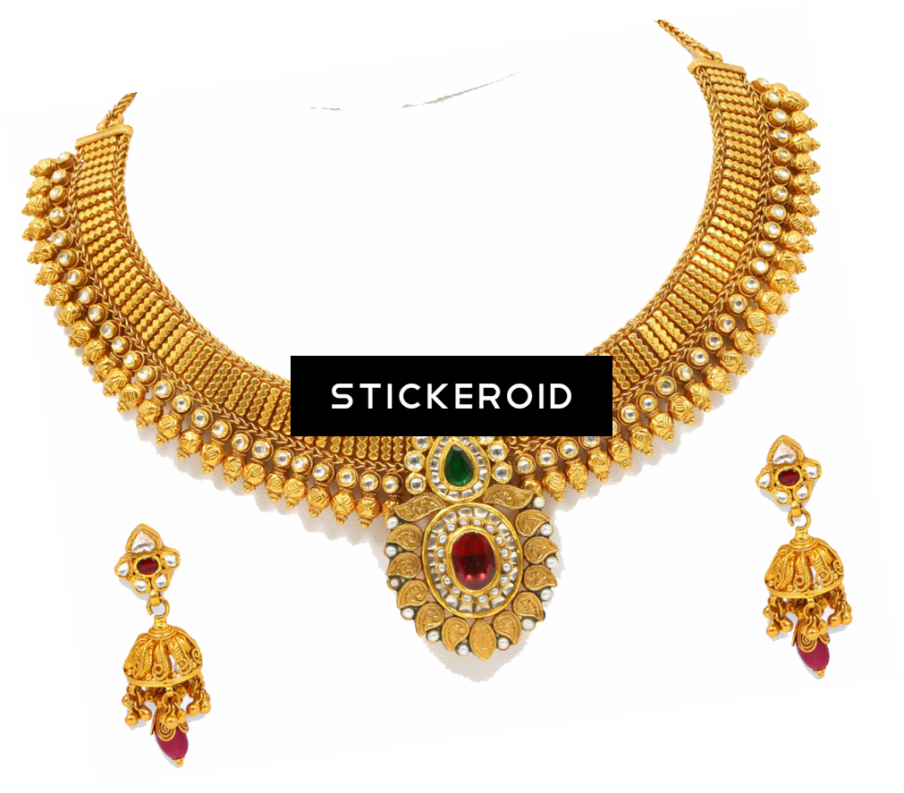 Traditional Gold Necklace Earrings Set PNG Image