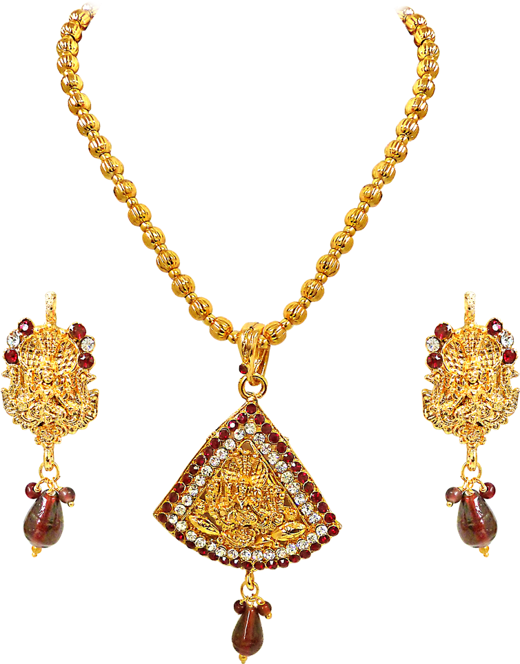 Traditional Gold Necklace Earrings Set PNG Image