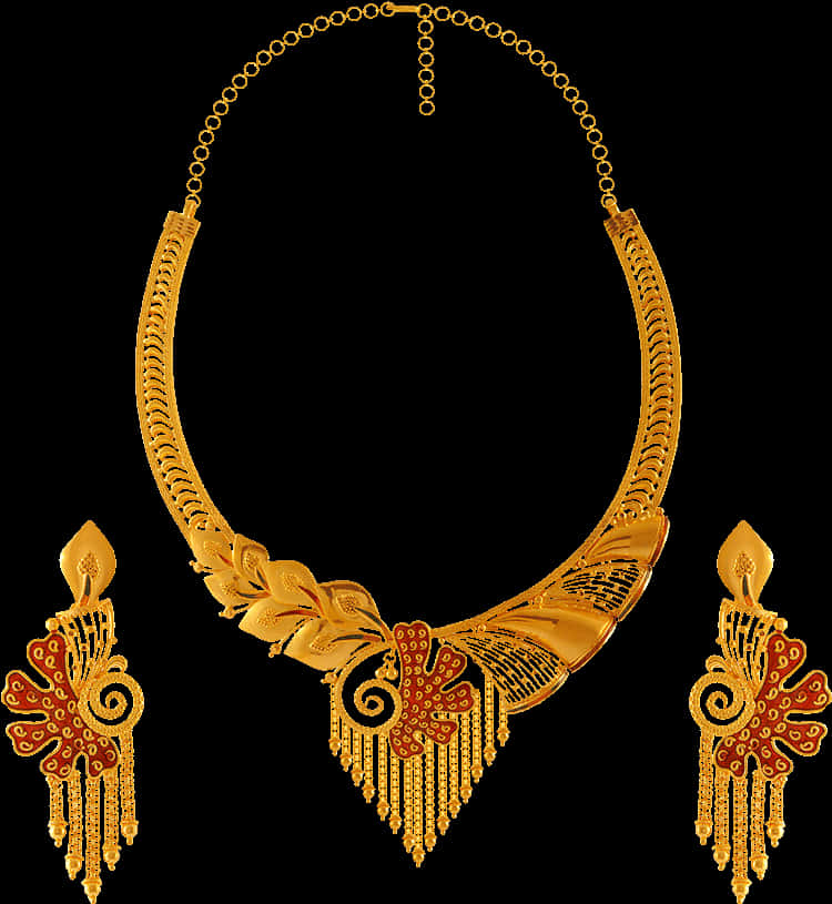 Traditional Gold Necklace Set Design PNG Image