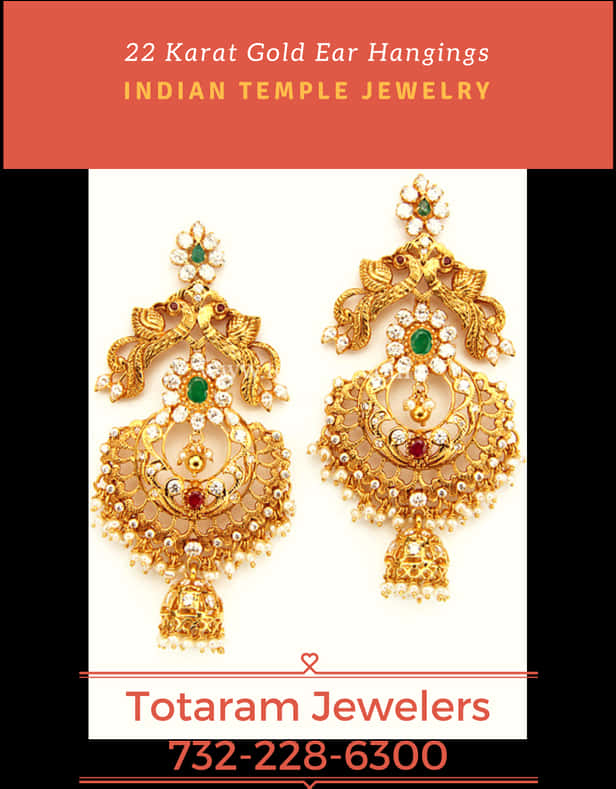 Traditional Gold Temple Jewelry Earrings PNG Image