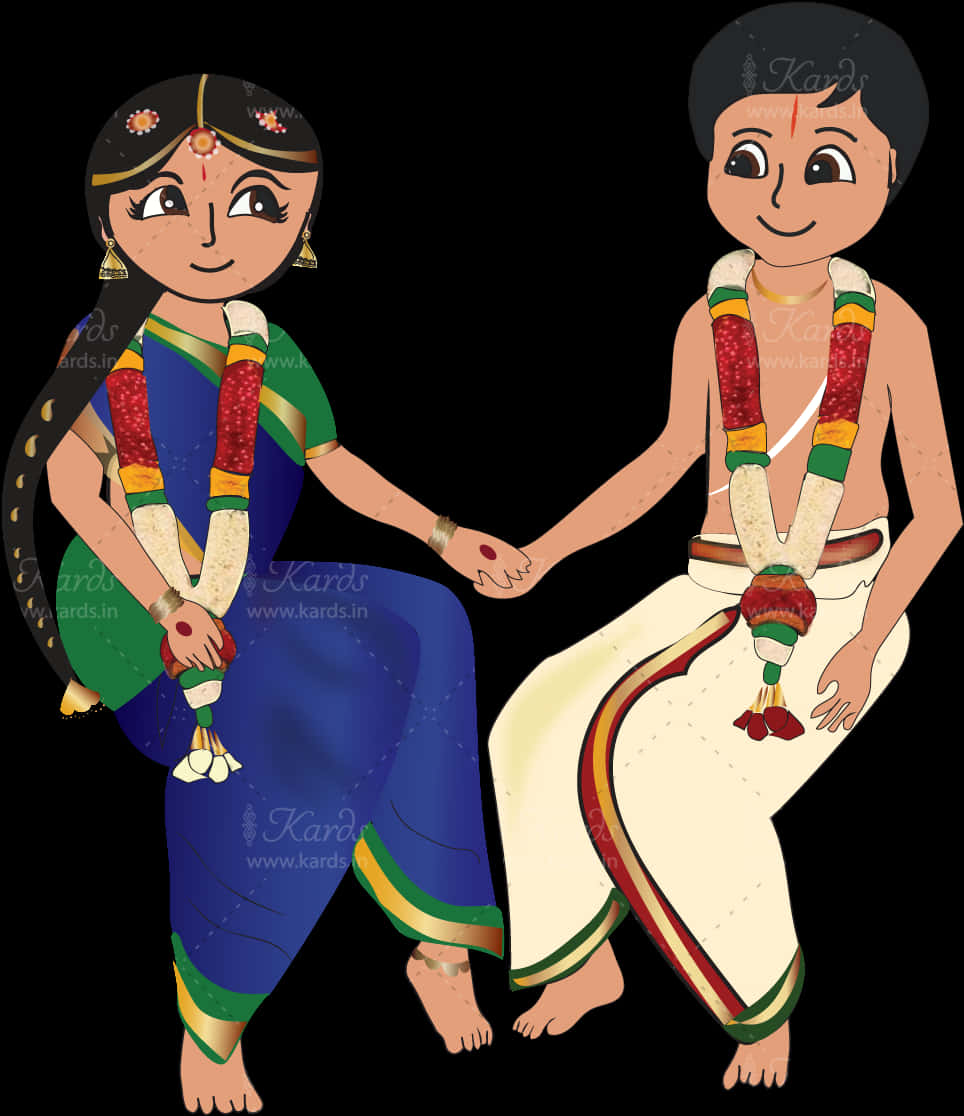 Traditional Indian Couple Cartoon Illustration PNG Image