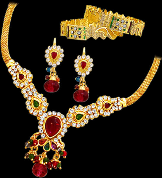 Traditional Indian Gold Jewelry Set PNG Image