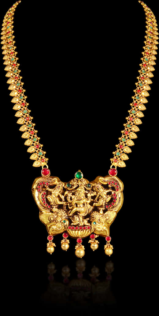 Traditional Indian Gold Necklace With Goddess Pendant PNG Image