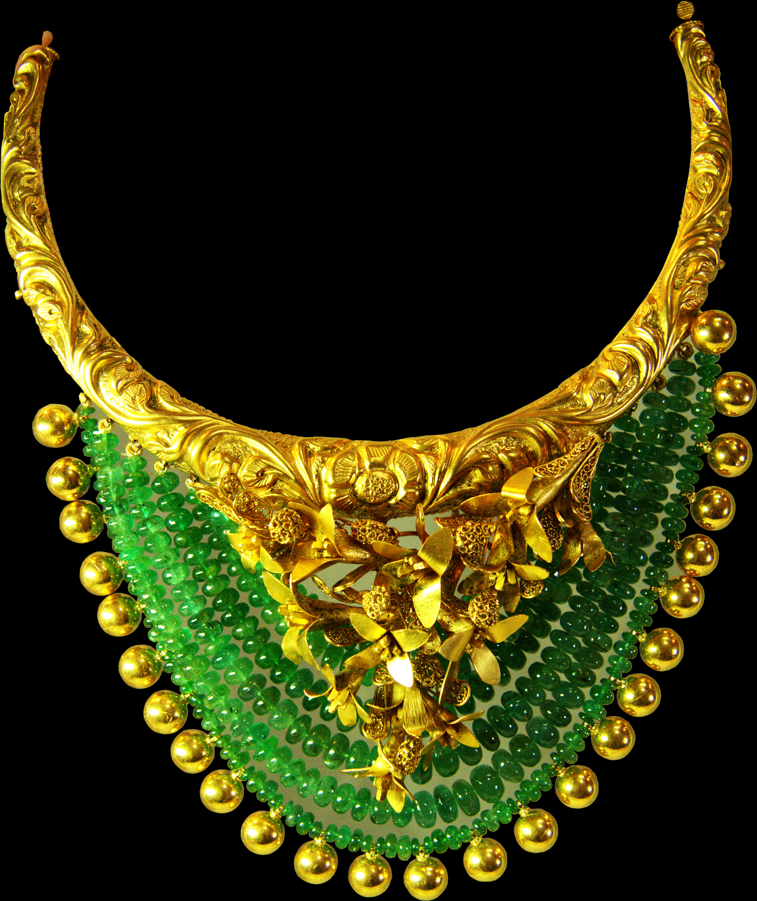 Traditional Indian Gold Necklace With Green Beads PNG Image