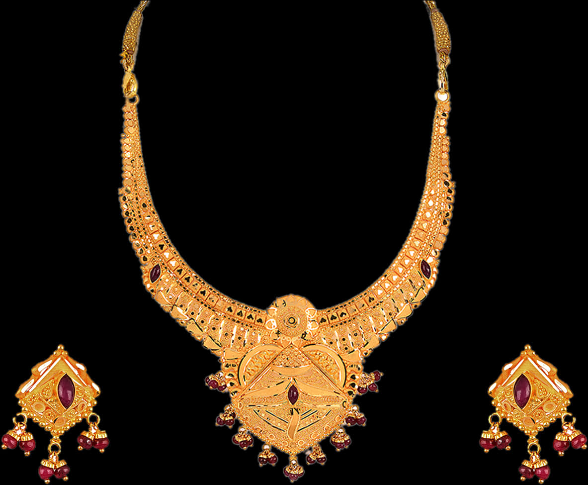 Traditional Indian Gold Necklaceand Earrings Set PNG Image