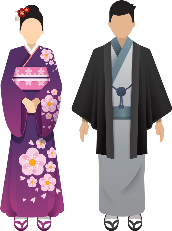 Traditional Japanese Kimono Couple Illustration PNG Image