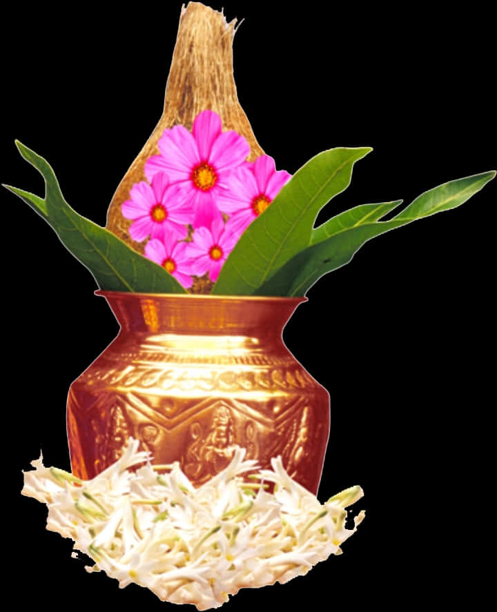 Traditional Kalash With Flowers And Coconut PNG Image