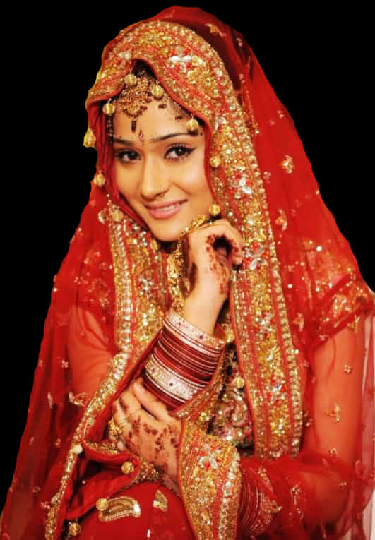 Traditional Red Bridal Saree Model PNG Image