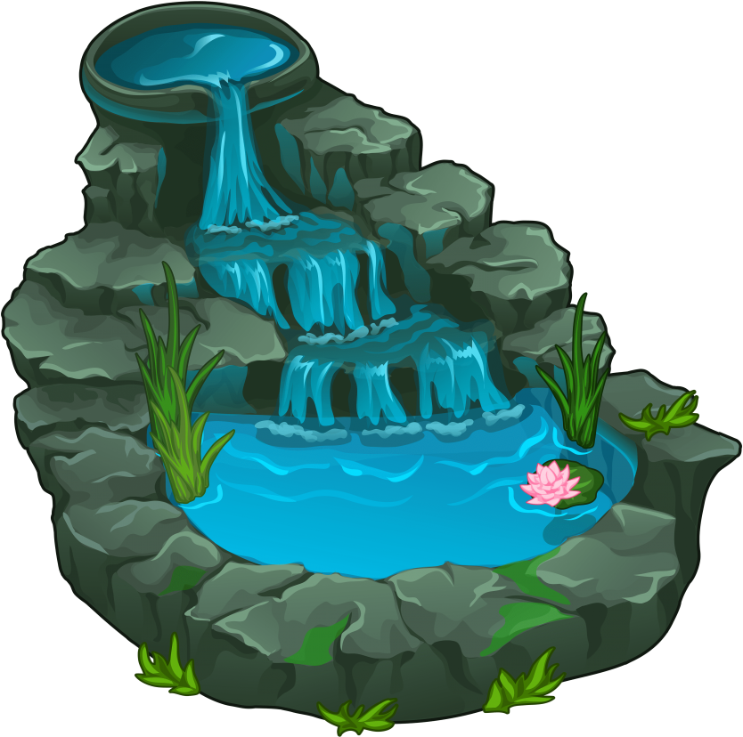 Tranquil Cartoon Waterfall Pond PNG Image