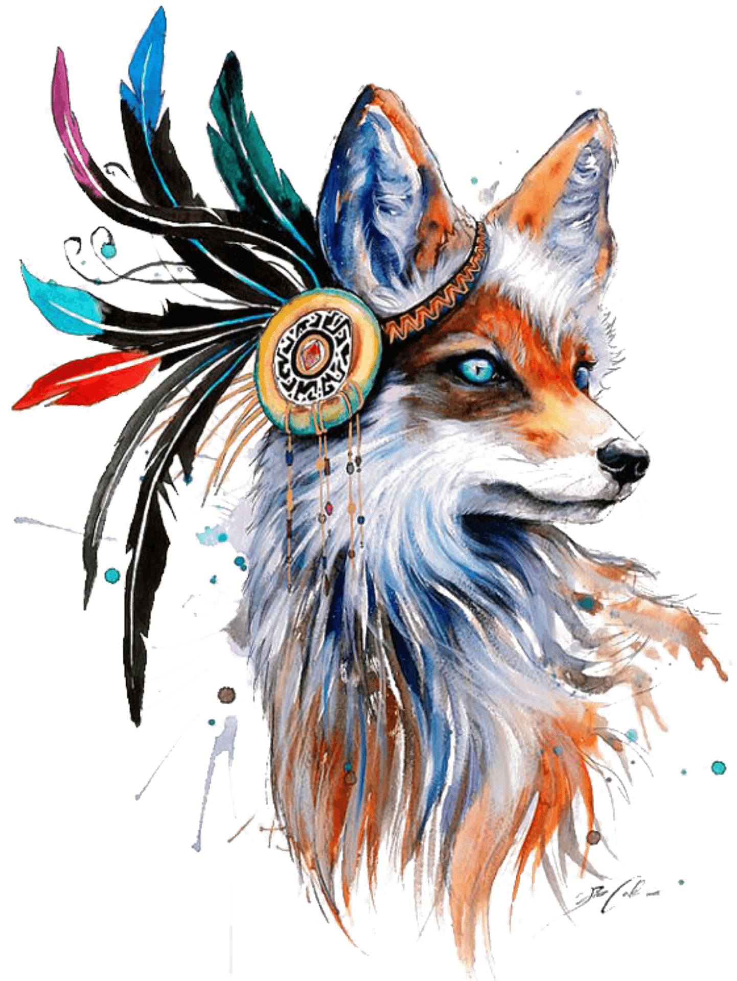 Tribal Fox Feather Headdress Artwork PNG Image