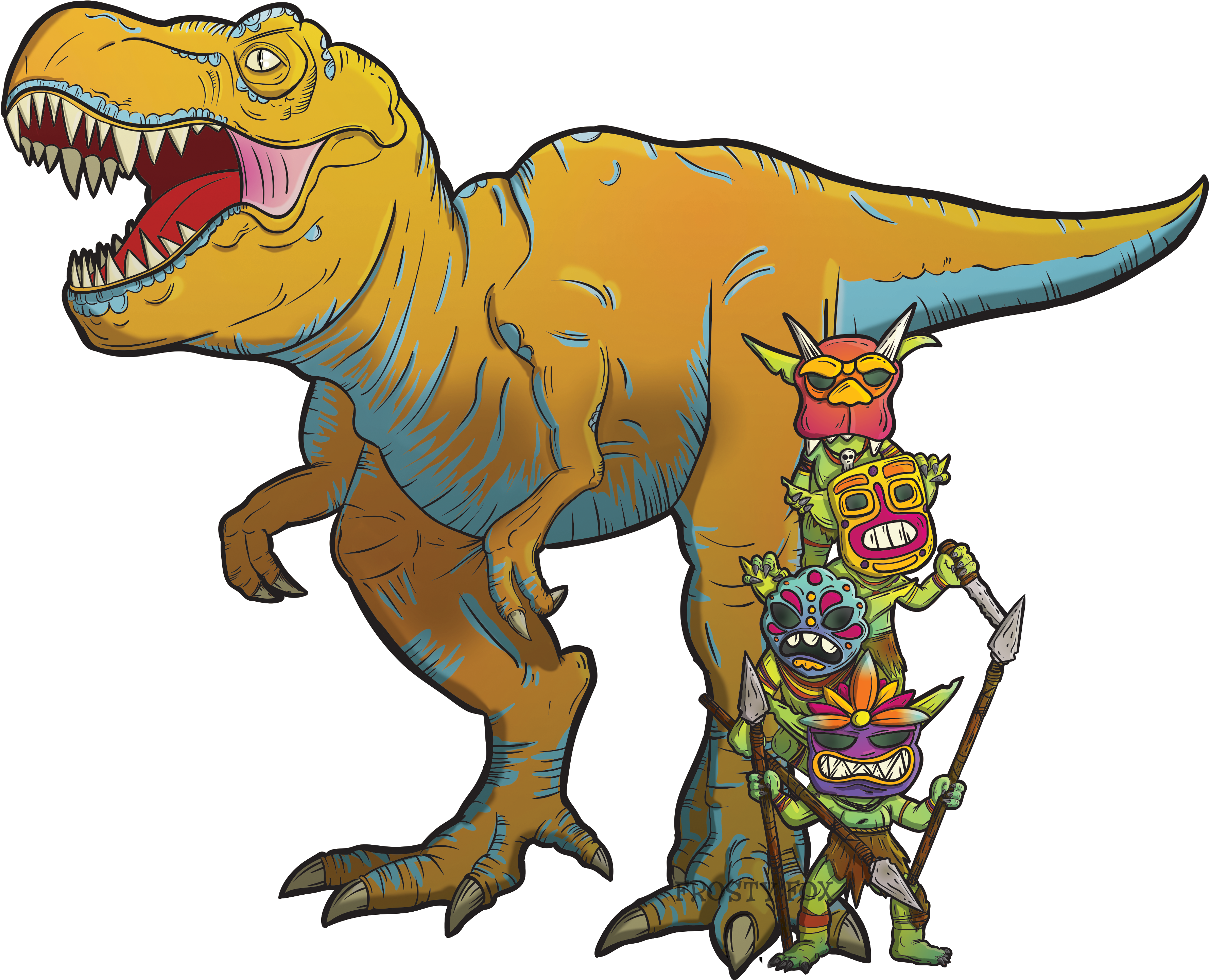 Tribal Masked Dinosaurs Illustration PNG Image