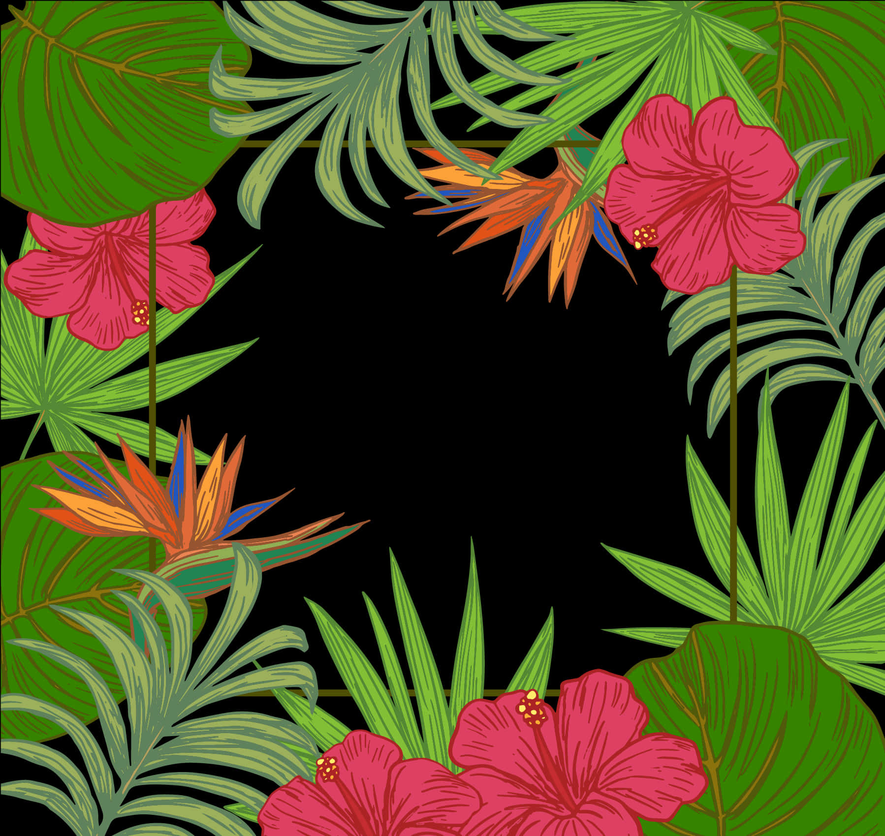 Tropical Floral Frame Black Background PNG Image