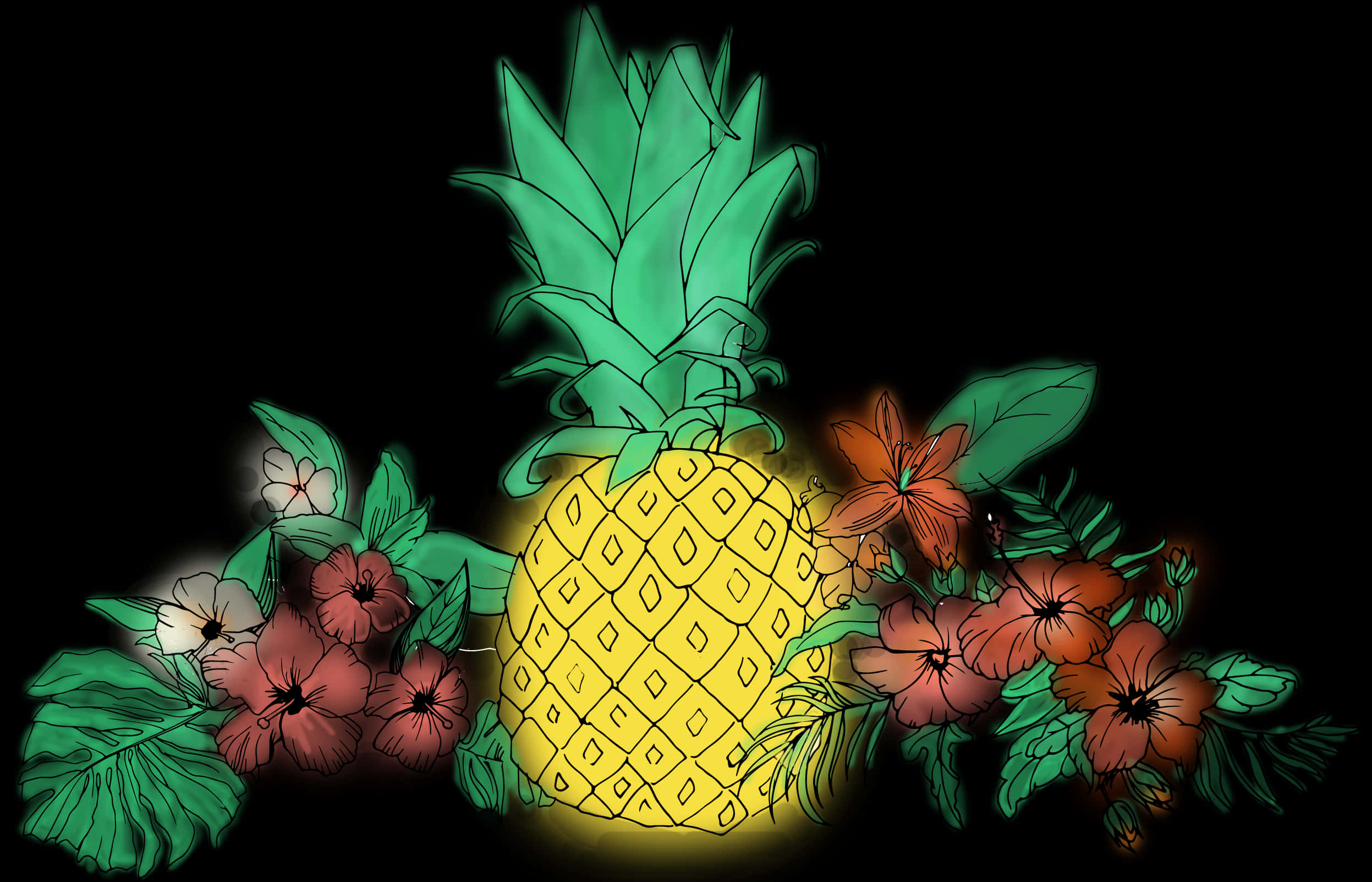 Tropical Pineappleand Flowers Illustration PNG Image