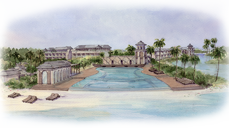 Tropical Resort Watercolor Illustration PNG Image