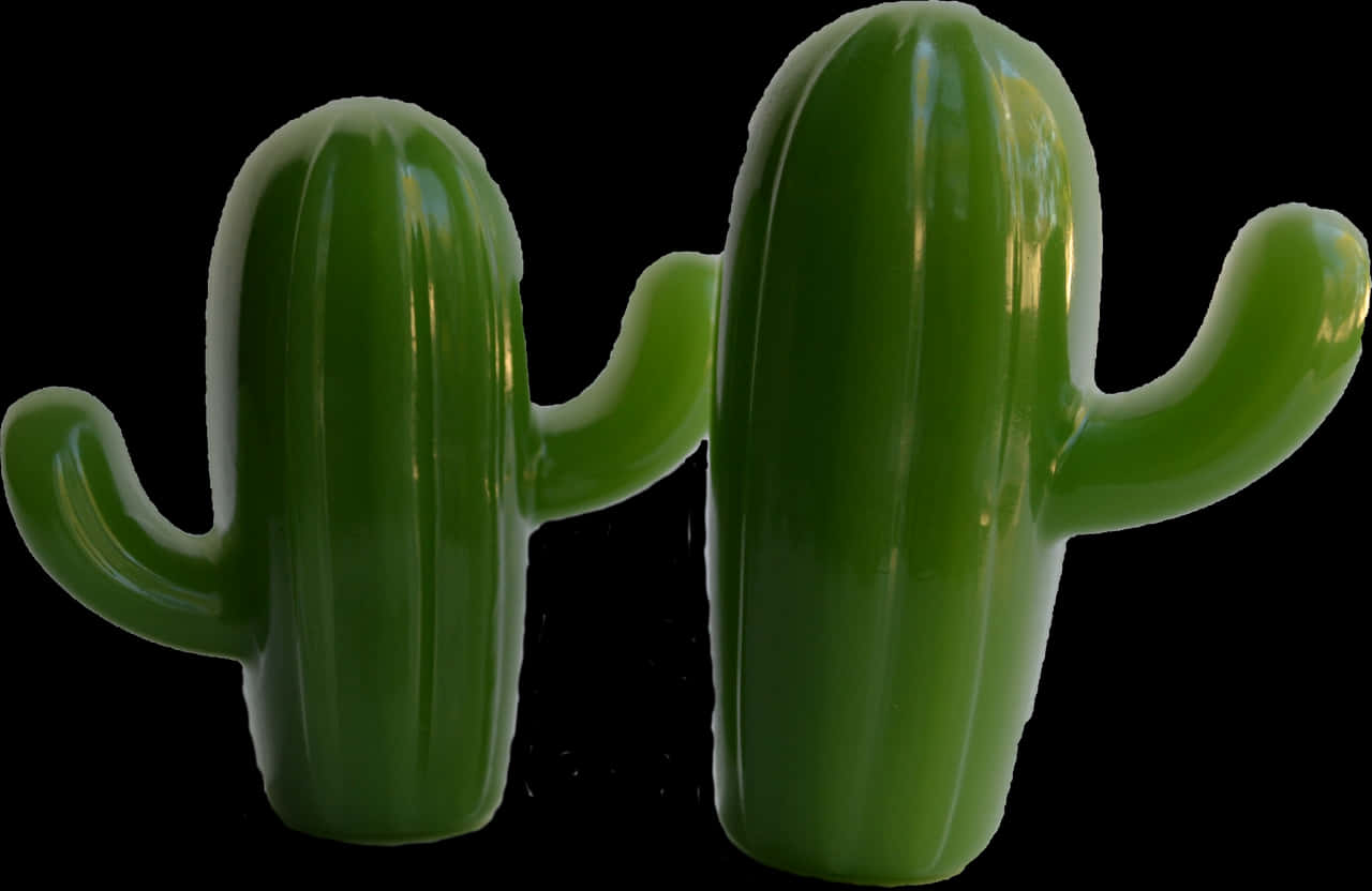 Twin Green Cacti Black Background PNG Image