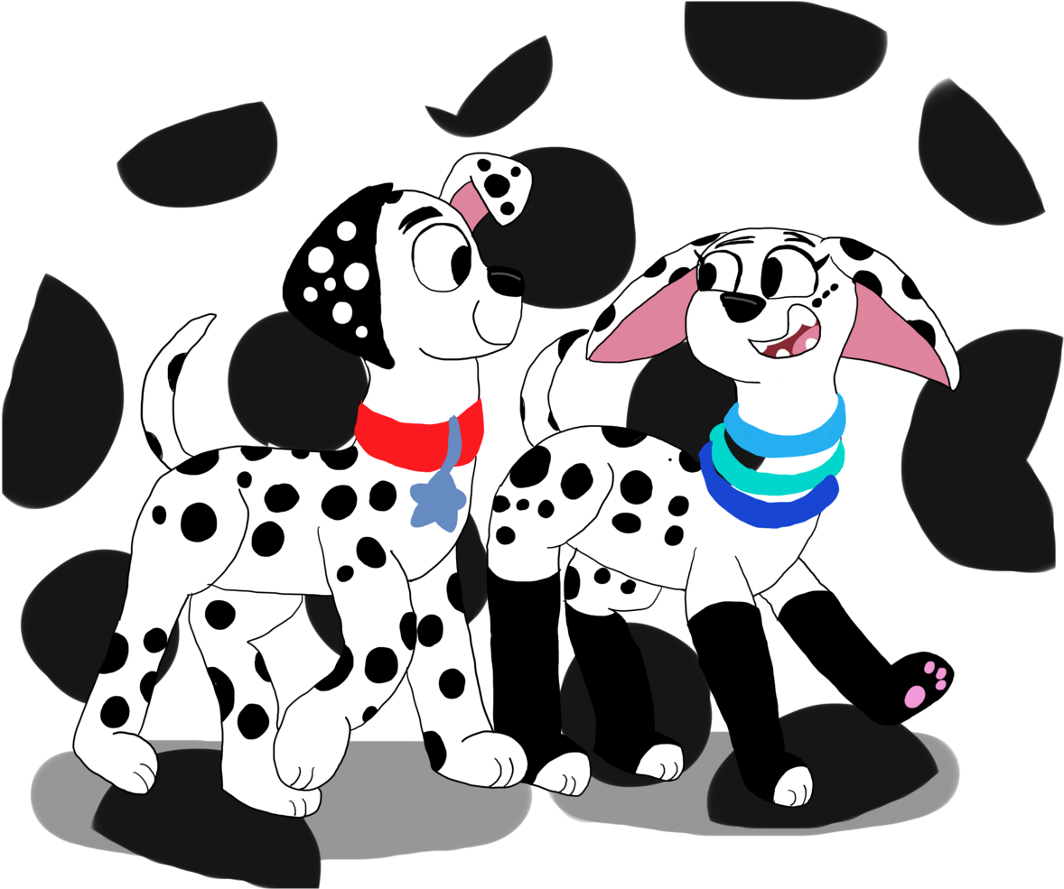 Two Cartoon Dalmatians Friendly Playtime PNG Image