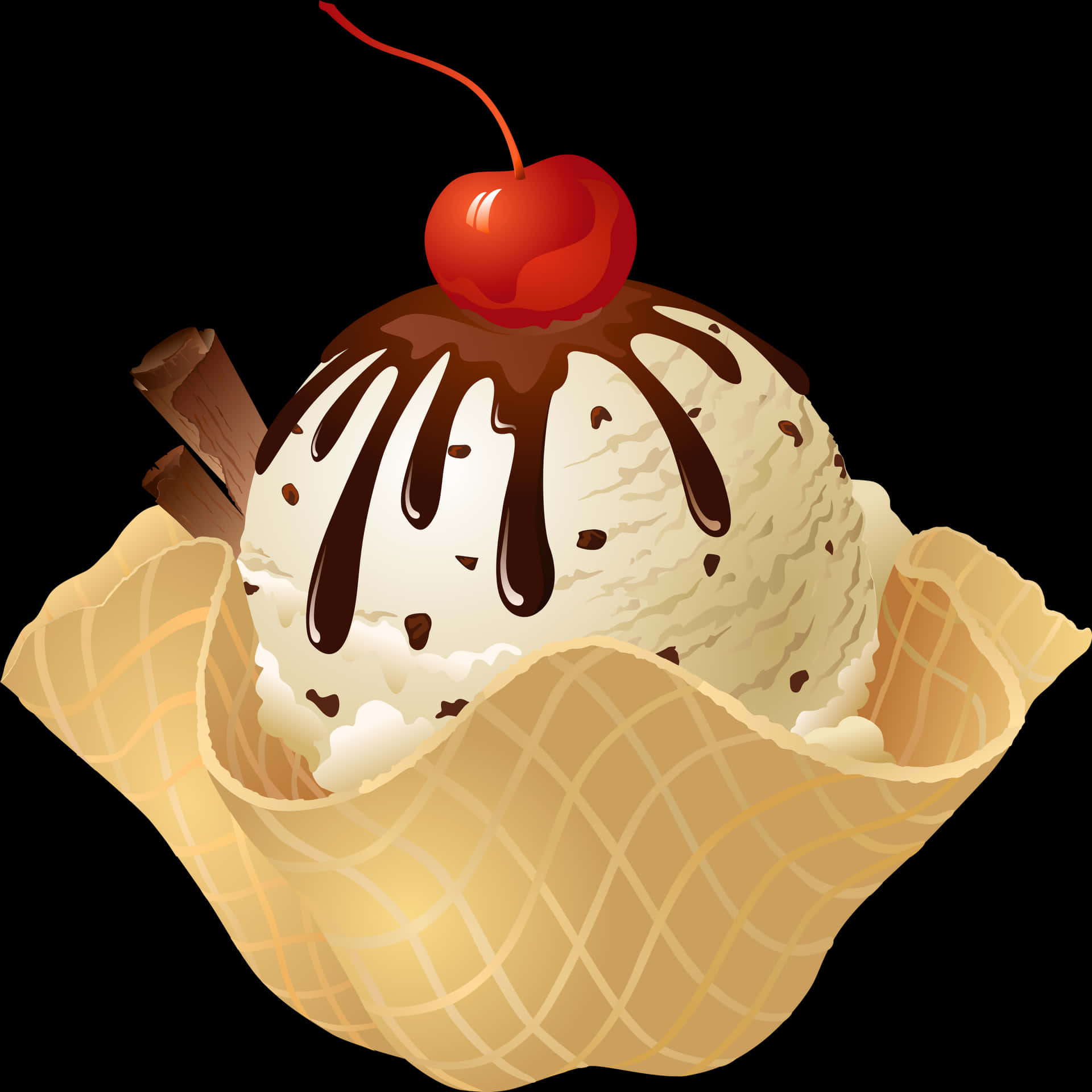 Vanilla Ice Cream Scoop Chocolate Drizzle Cherry PNG Image