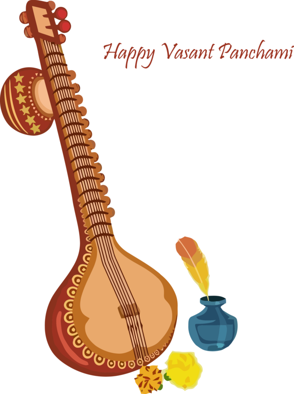 Vasant Panchami Celebration Veena Inkpot Flowers PNG Image